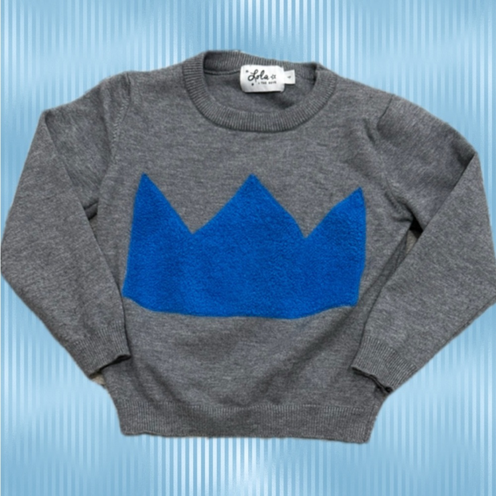 Lola + The Boys Gray Sweater with Blue Crown Appliqué – Size 4